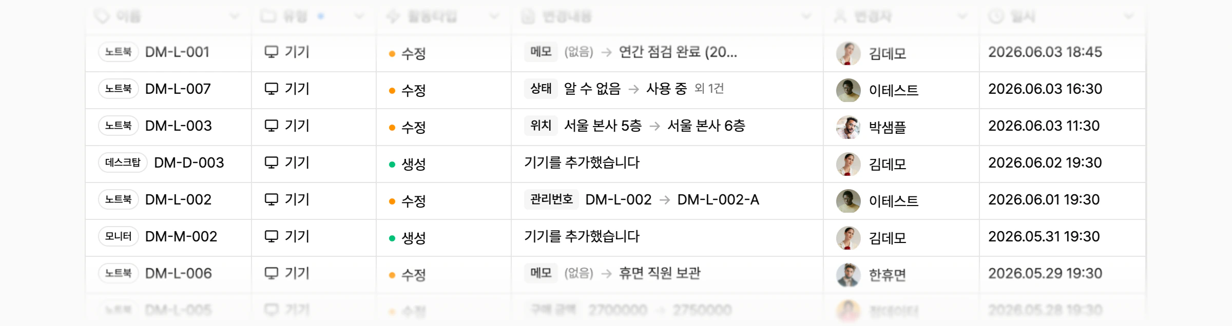기기 현황 변경 이력 테이블