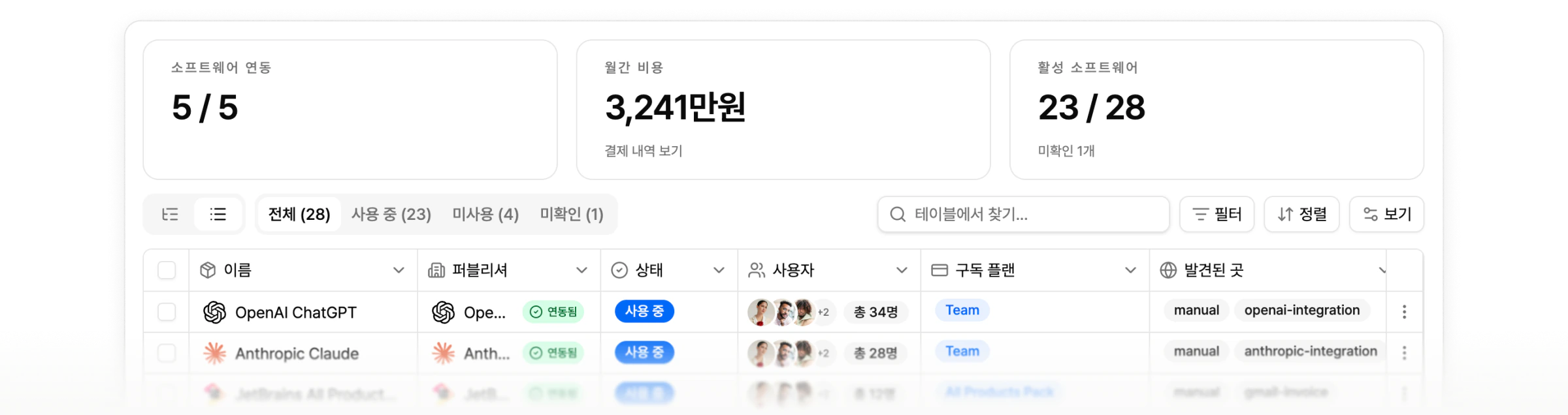 SaaS 소프트웨어 관리 테이블