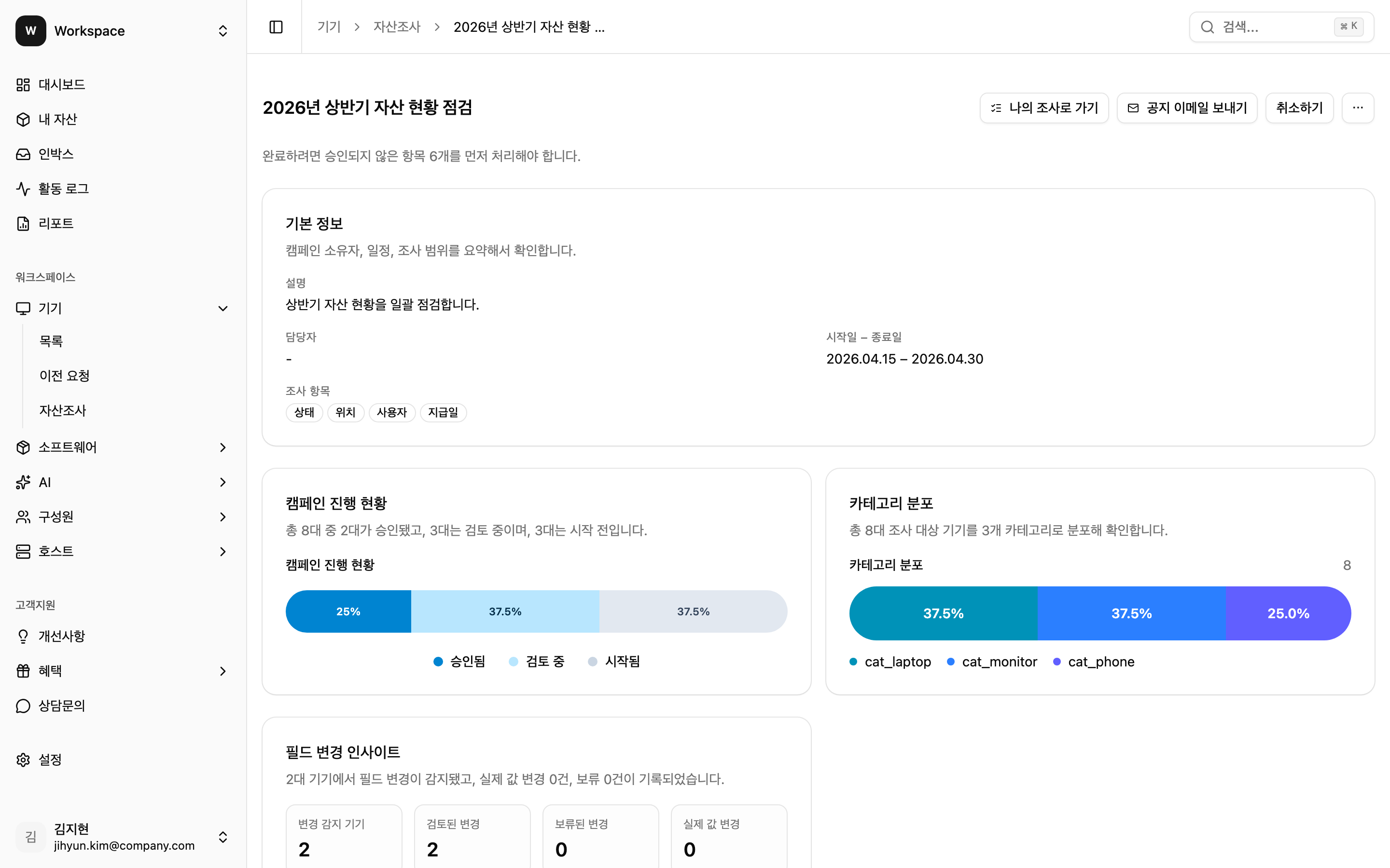 캠페인 상세 페이지 상단 - 나의 조사로 가기 / 공지 이메일 보내기 / 취소하기 버튼과 기본 정보 카드